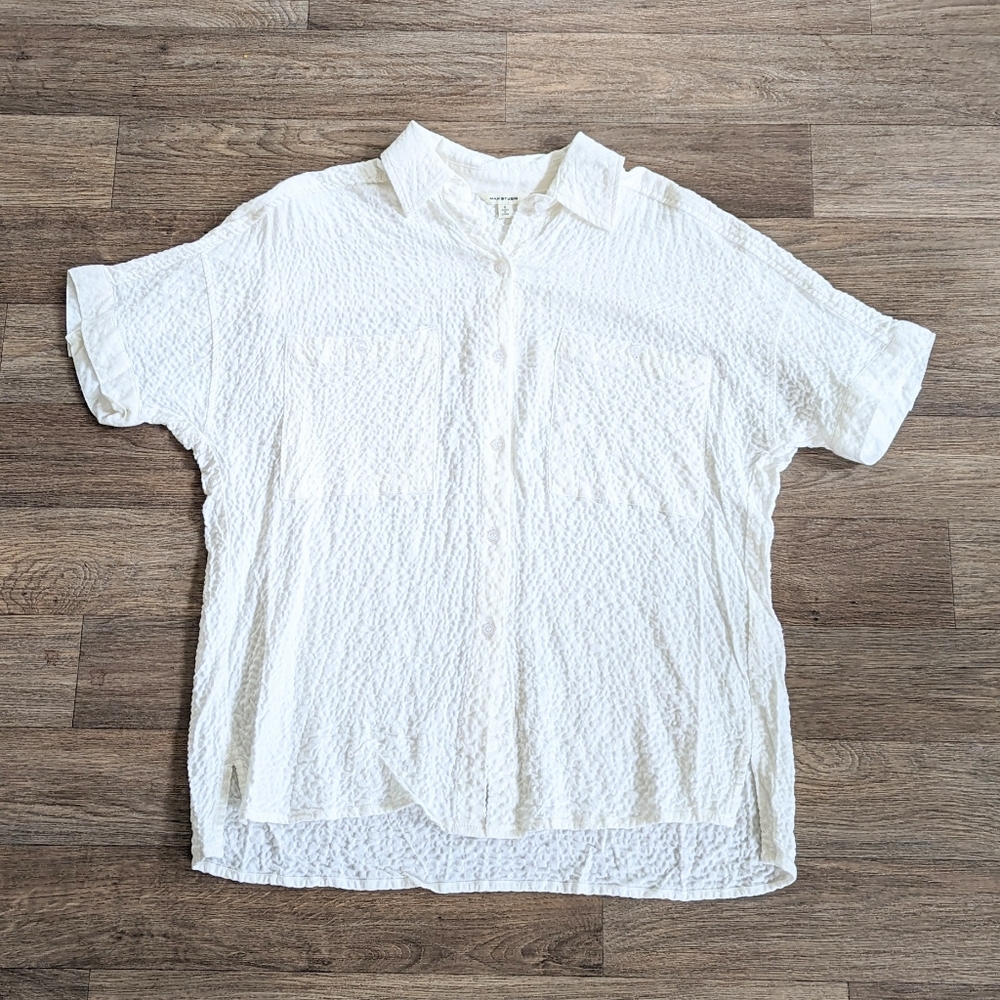 NWT Max Studio Shirt Womens Ivory Beige Button Up Seersucker Short Sleeve Size S